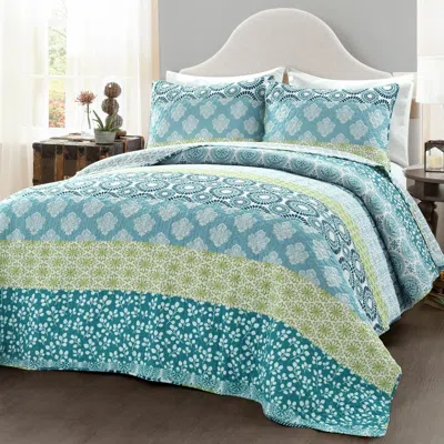 Hivvago King Size Cotton 3 Piece Reversible Blue White Green Floral Damask Quilt Set In Blue