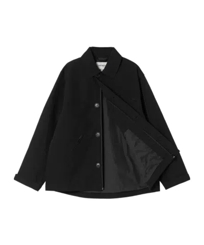 Carhartt Structured Short Coat With Button-up Front And Flap Pockets In Black