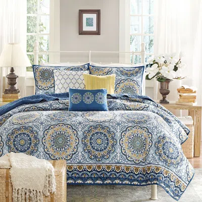 Hivvago Queen Size 6-piece Coverlet Quilt Set In Blue Floral Pattern In Blue
