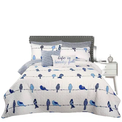 Hivvago Floral Birds On Wire Lightweight 7 Piece Quilt Set In Blue