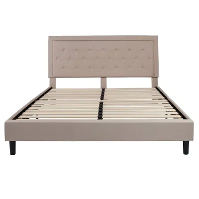 Hivvago King Beige Upholstered Platform Bed Frame With Button Tufted Headboard In Neutral