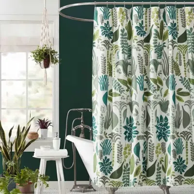 Hivvago 72 X 72 Inch Cotton Poly Shower Curtain With Garden Leaves Herb Floral Pattern In Green