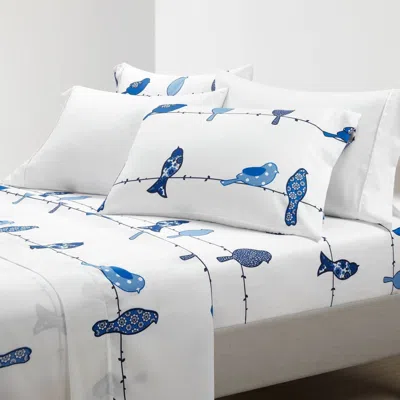 Hivvago Blue White Floral Birds On Wire Soft Polyester 6 Piece Sheet Set In White