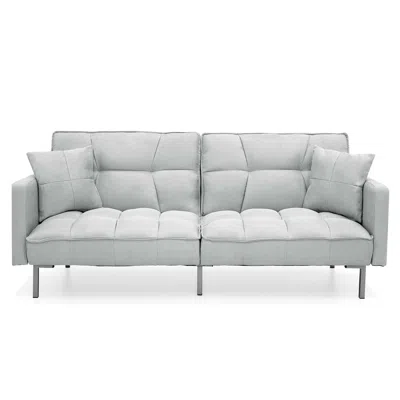 Hivvago Plush Gray Split-back Design Convertible Linen Tufted Futon W/ 2 Pillows In Gray