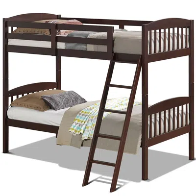 Hivvago Twin Over Twin Wooden Bunk Bed With Ladder In Dark Brown Finish In Brown