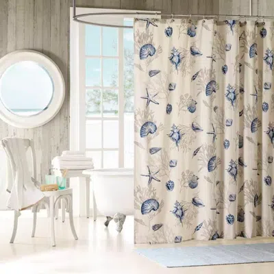 Hivvago 72-in Khaki Beige Cotton Shower Curtain Navy Blue Seashells Coral Coastal Beach In Neutral