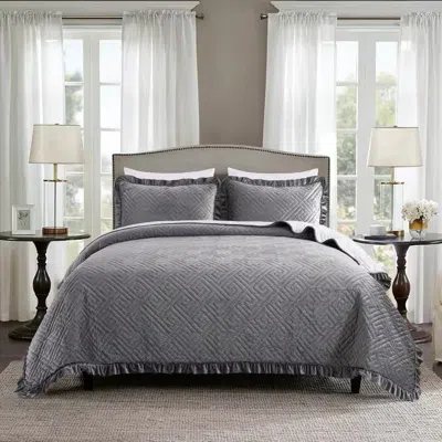 Hivvago King Gray Charcoal Velvet Microfiber Polyester Reversible 3-piece Quilt Set In Gray