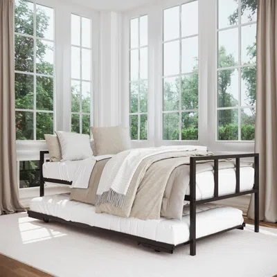Hivvago Twin Heavy Duty Black Metal Daybed Frame With Roll-out Pop-up Trundle Bed Frame In Black