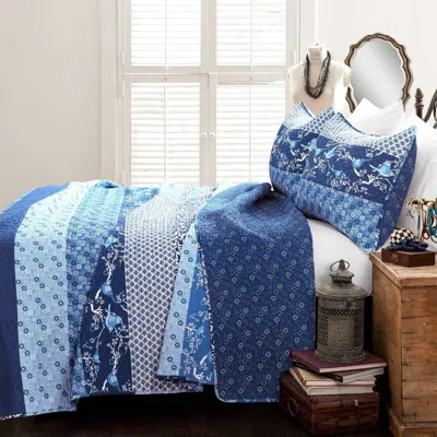 Hivvago Boho Floral Birds Reversible Quilt Set In Blue