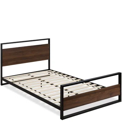 Hivvago Queen Size Farmhouse Metal Wood Platform Bed Frame With Headboard Footboard In Brown