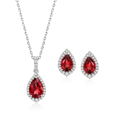 Ross-simons Garnet And . White Topaz Jewelry Set: Earrings And Pendant Necklace In Sterling Silver