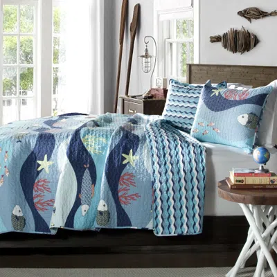 Hivvago Twin Blue Serenity Sea Fish Coral Coverlet Quilt Bedspread Set In Blue