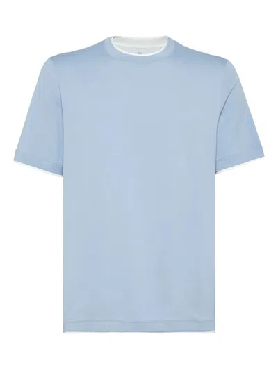 Brunello Cucinelli Cotton Jersey Crew Neck T-shirt With Faux-layering In Blue