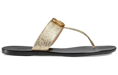 Gucci (wmns)  Double G Metallic Leather Gold Color Slippers In Gold