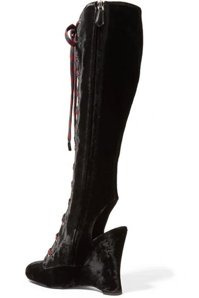Shop Prada Lace-up Velvet Wedge Knee Boots In Black