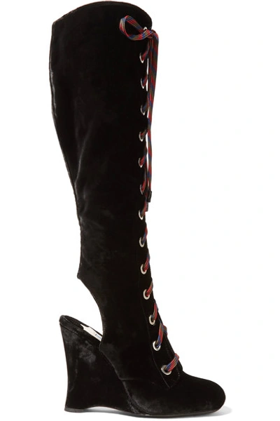 Prada Lace-up Velvet Wedge Knee Boots In Black