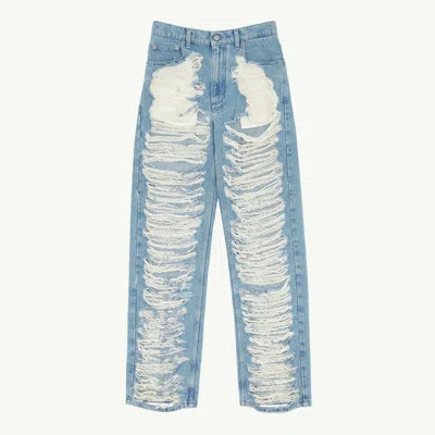 Mm6 Maison Margiela Mm6 By Maison Margiela Distressed Straight Leg Denim Jeans With White Stitching