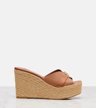 Jimmy Choo Leda 100 Leather Platform Wedge Sandals In Brown