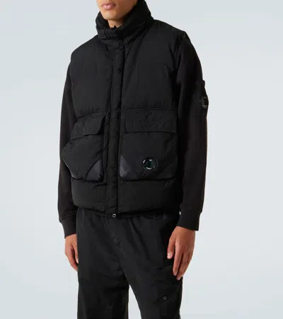 C.p. Company Black Vest With Mock Drawstring Neck And Logo Plaque On The Front In Black