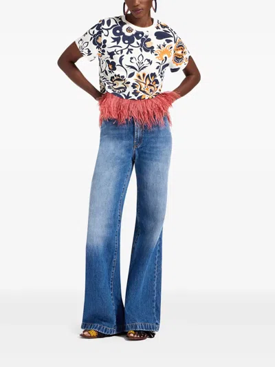 La Doublej La Scala Feather-trimmed Floral-print T-shirt In Multi