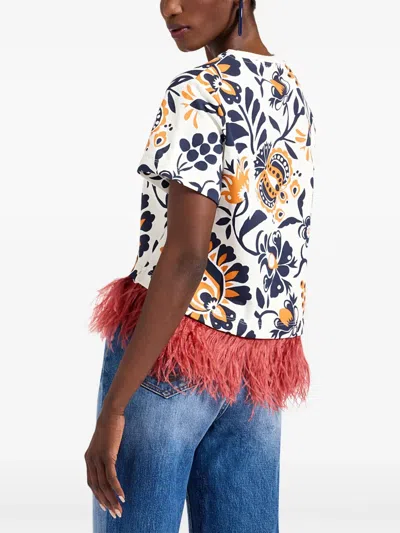La Doublej La Scala Feather-trimmed Floral-print T-shirt In Multi