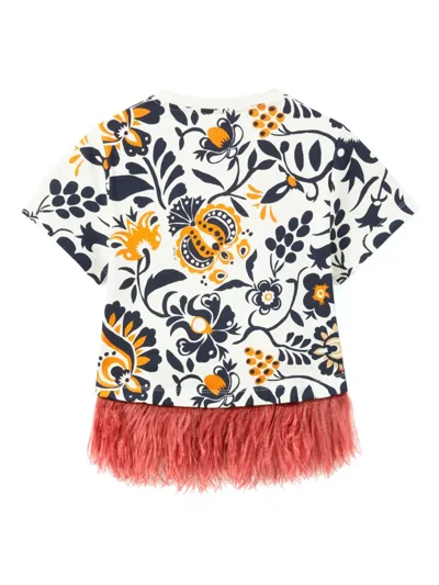 La Doublej La Scala Feather-trimmed Floral-print T-shirt In Multi