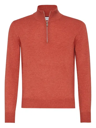 Brunello Cucinelli Cashmere Sweater With Half Zip In Orange