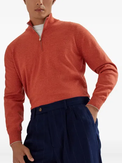 Brunello Cucinelli Cashmere Sweater With Half Zip In Orange