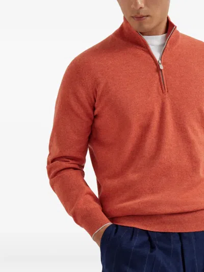 Brunello Cucinelli Cashmere Sweater With Half Zip In Orange