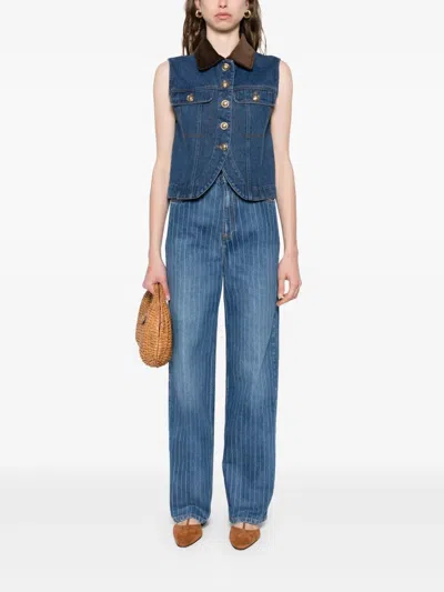 Sandro Womens Blue Jean Contrast-collar Button-down Sleeveless Denim Jacket