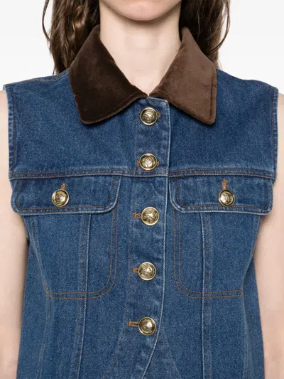 Sandro Womens Blue Jean Contrast-collar Button-down Sleeveless Denim Jacket