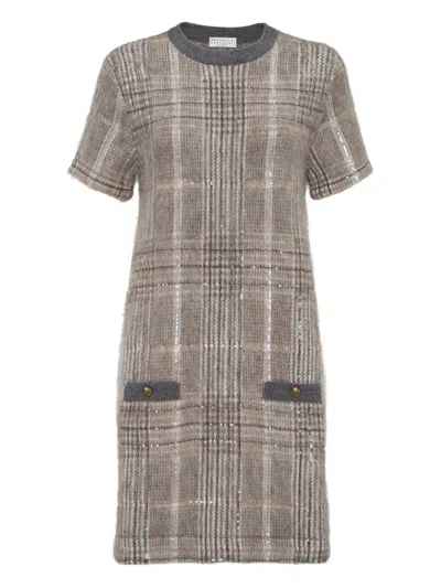 Brunello Cucinelli Wool-blend Checked Mini Dress In Gray