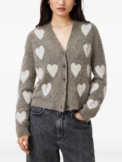 Allsaints Luv Heart-pattern Buttoned-up Cardigan In Green