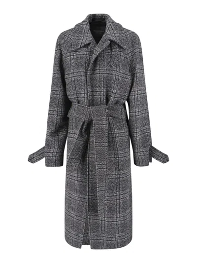 Balenciaga Check Oversize Wool Belted Coat In Gray