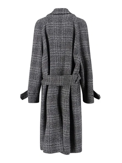 Balenciaga Check Oversize Wool Belted Coat In Gray