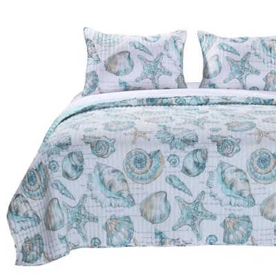 Hivvago King Size Coastal Seashells 3 Piece White Teal Polyester Reversible Quilt Set In Blue