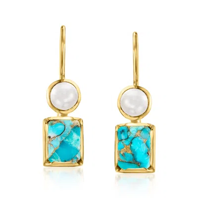 Ross-simons Turquoise And 4.5-5mm Cultured Pearl Drop Earrings In 18kt Gold Over Sterling