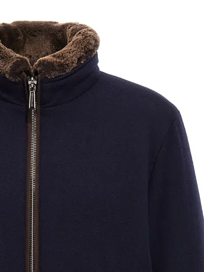 Moorer Padded Fleece Zip-up Jacket With Detachable Faux-fur Collar In Blue