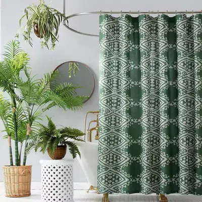 Hivvago 72 X 72 Inch Cotton Poly Shower Curtain With Green White Geometric Motif Pattern In Green