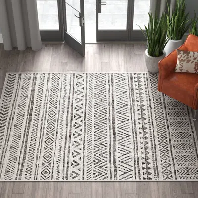 Hivvago 5 Ft. X 8 Ft. Black Off-white Chevron Coastal Boho Style Indoor Outdoor Area Rug In Gray