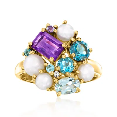 Ross-simons 4-5mm Cultured Pearl And Multi-gemstone Cluster Ring In 18kt Gold Over Sterling