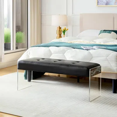 Hivvago Modern Black Faux Leather Upholstered End Of Bed Bench With Transparent Legs In Black