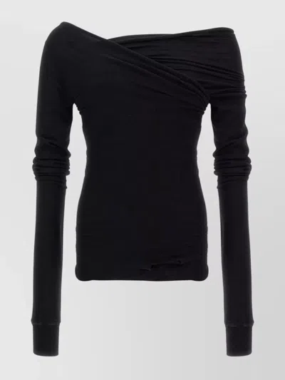 Rick Owens Hollywood Banana Off-shoulder Ruched T-shirt In Black