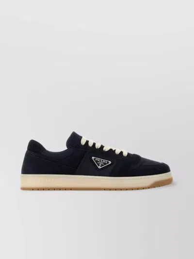 Prada Navy Blue Canvas And Suede Downtown Sneakers In Blue
