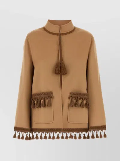 Valentino Open Front Wool Blend Jacket With Tassel Trim In Brown