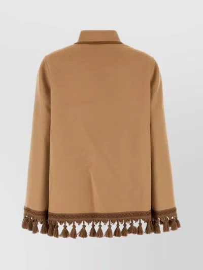 Valentino Open Front Wool Blend Jacket With Tassel Trim In Brown