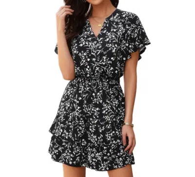 Kate And Lily Floral Ruffle Dress Short Sleeve Button Front In Navy In Black