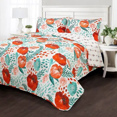 Hivvago Full/queen Red Poppy Flower White Teal Lightweight 3 Piece Cotton Quilt Set In Orange