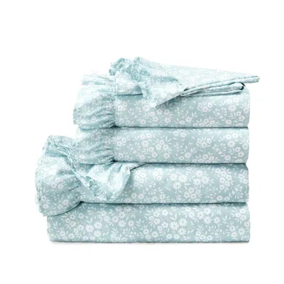 Hivvago King Size Polyester Blue Ruffle Floral 6 Piece Sheet Set In Blue