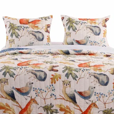 Hivvago Blue Beige Birds Animals Floral Microfiber Reversible Quilt Set In Multi